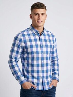 146 BURBERRY Men's Blue Nova Checks Cotton Long Sleeve Shirt - Blue/ White, XXL